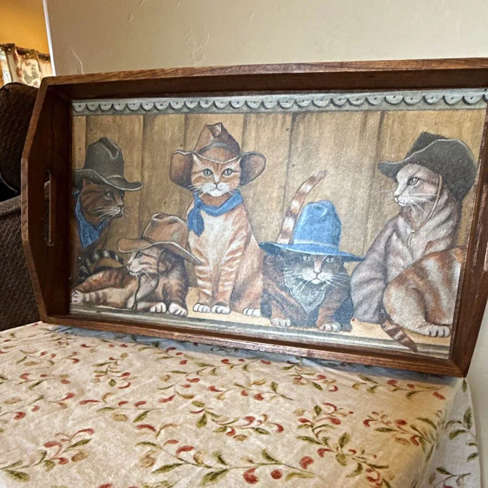 Wood Rectangular Serving Tray w/ Handles, Cowboy Cats Design, Large 16x9